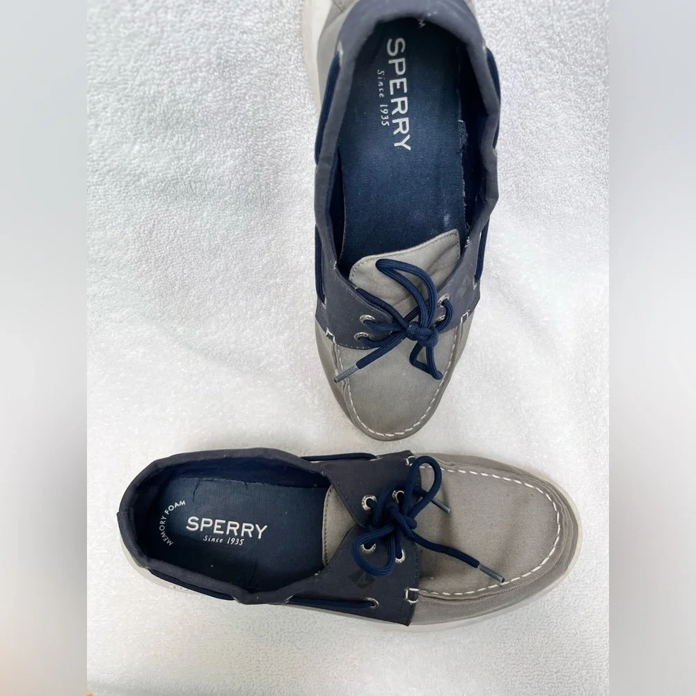 Mens Sperry 2 Eyelet Boat Shoe 11.5 Med Wid Canvas Gray/Blue/ White Memory Foam